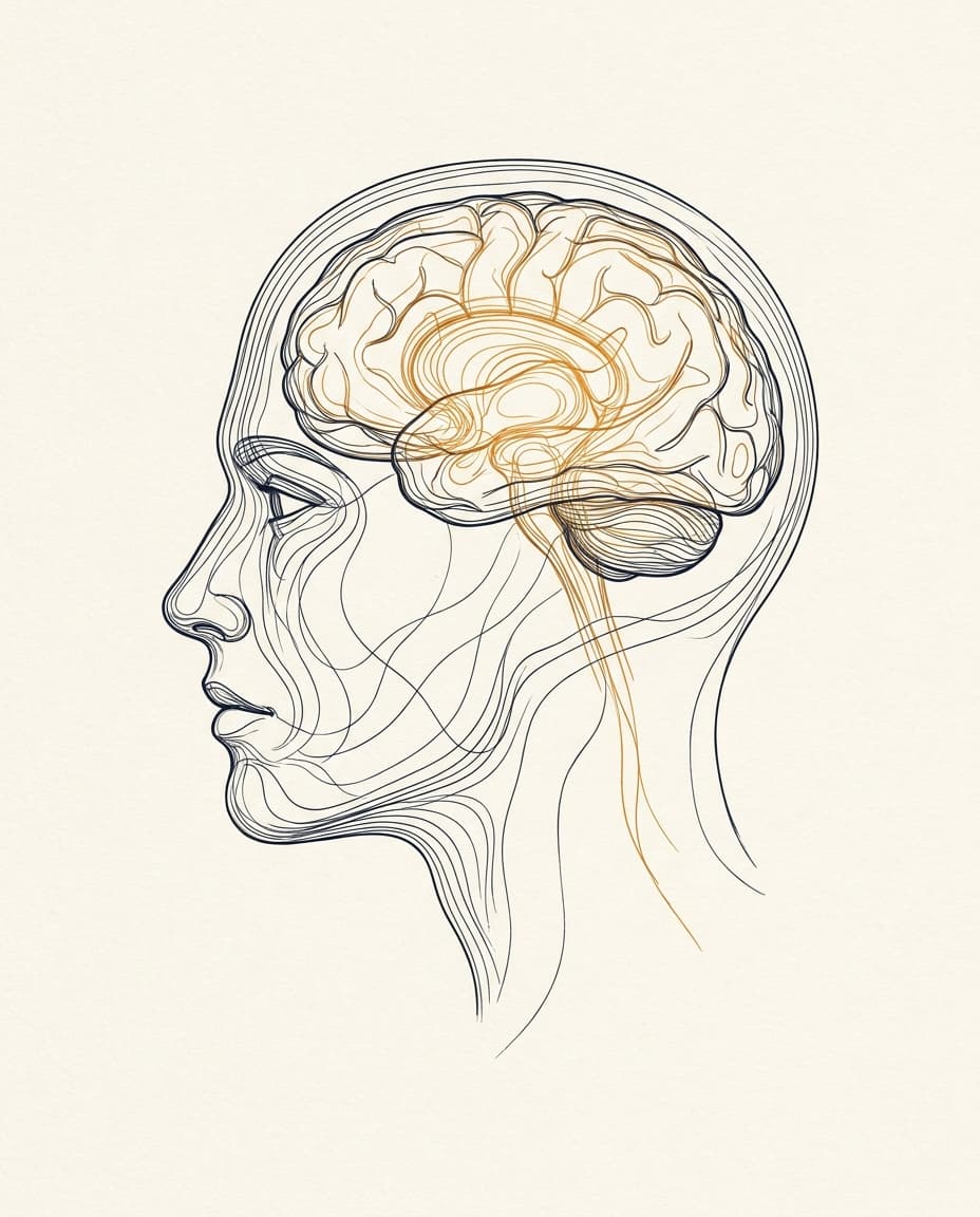 Line-drawn human profile with the brain illuminated in warm amber threads